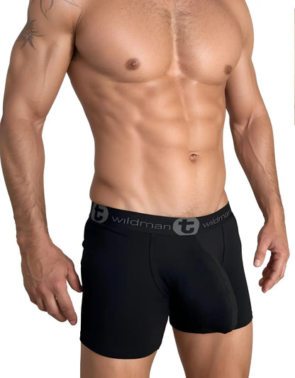 Black wildman boxer briefs with gray elastic waistband featuring brand logo made of cotton with 5 inch inseam