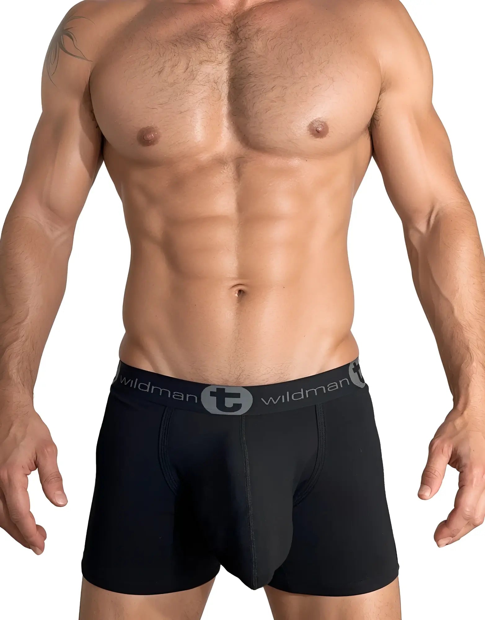 Black wildman cotton boxer briefs with 5 inch inseam and gray elastic waistband featuring brand logo