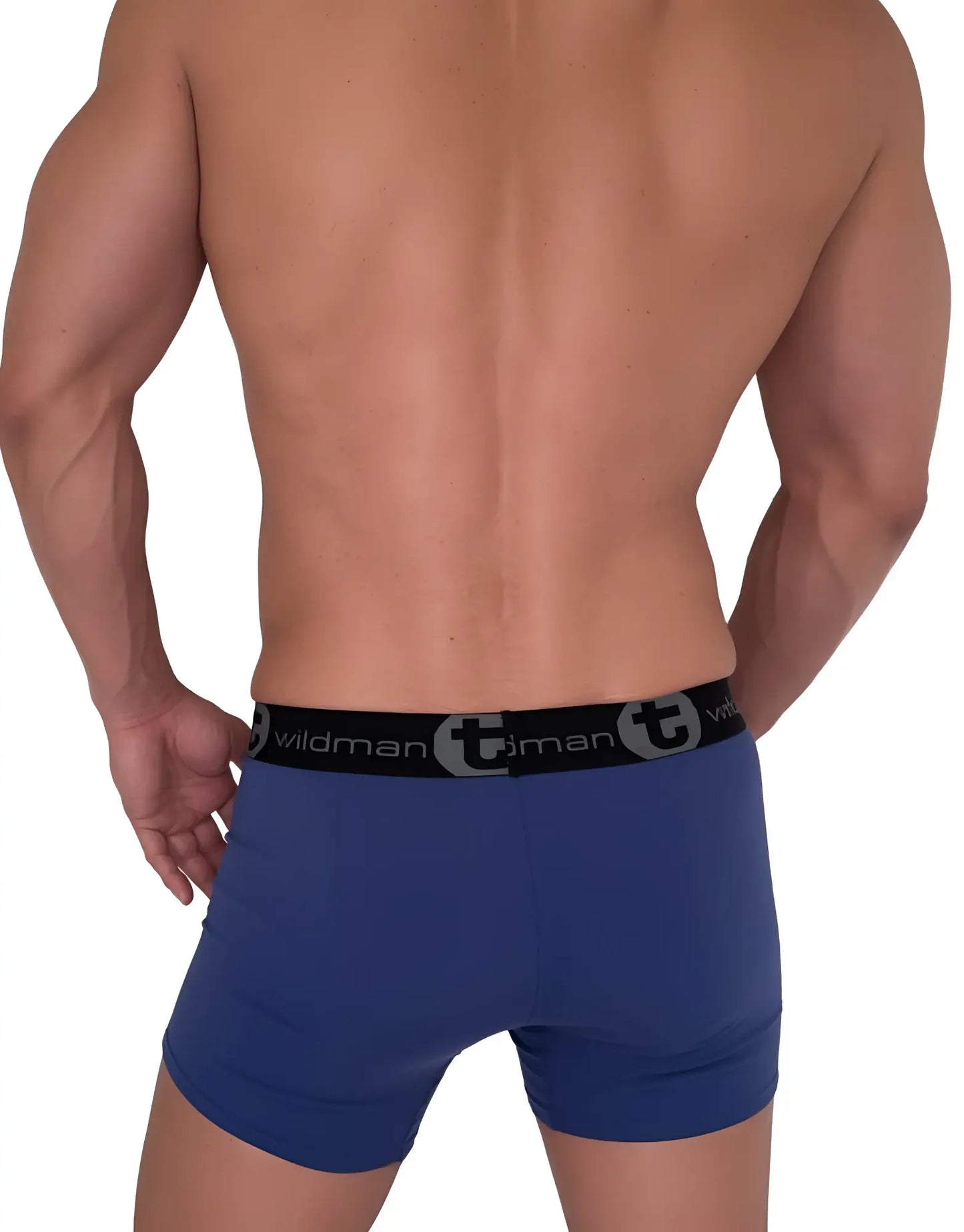 Blue wildman cotton monster cock boxer briefs with 5 inch inseam and black elastic waistband featuring wildman logo