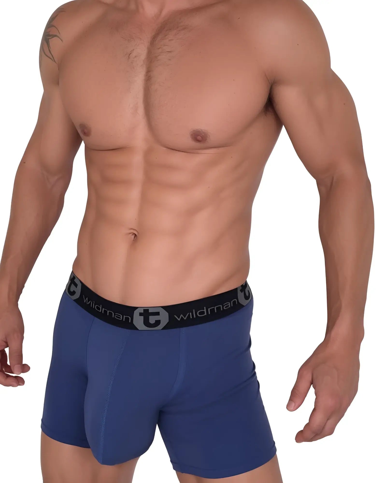 Wildman blue cotton boxer briefs with black waistband featuring wildman logo and stylized t emblem 5 inch inseam