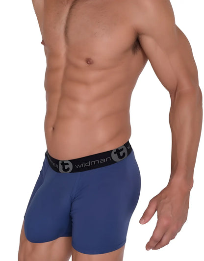 Blue wildman cotton monster cock 5 inseam boxer briefs in dark blue with black elastic waistband and t logo