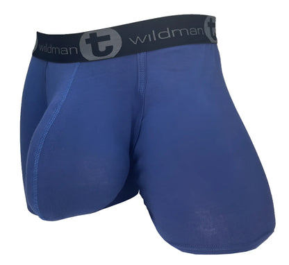 Dark blue cotton boxer briefs with a contoured pouch and black waistband featuring "wildman" and "t" branding.