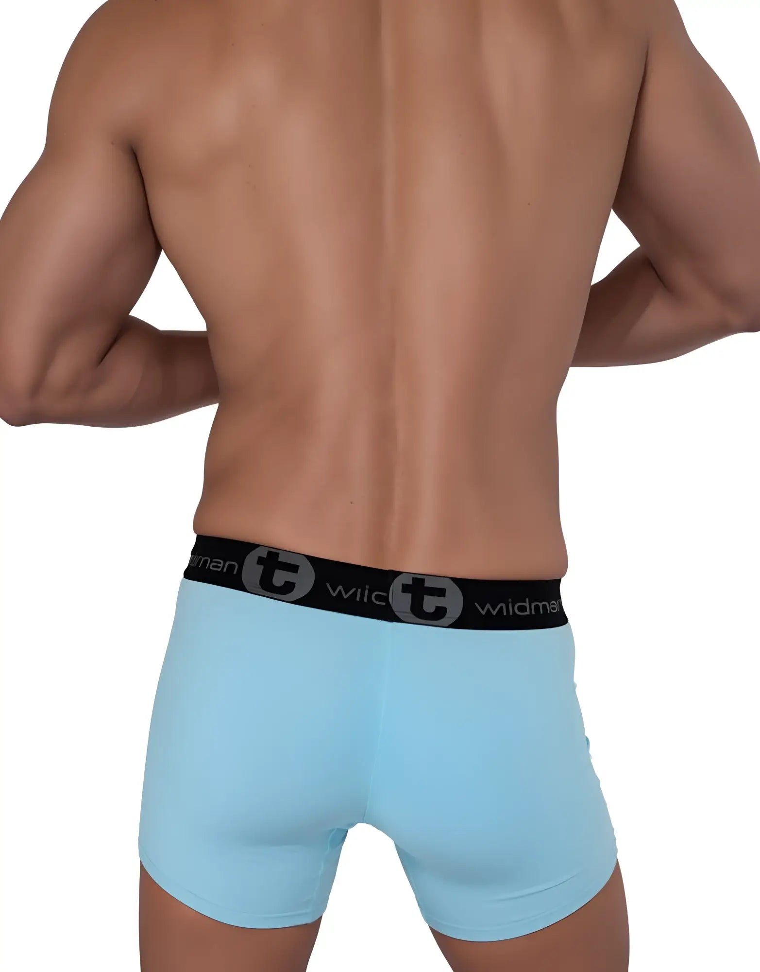 Light blue cotton wildmant boxer briefs with 5 inch inseam black waistband and circular t emblem