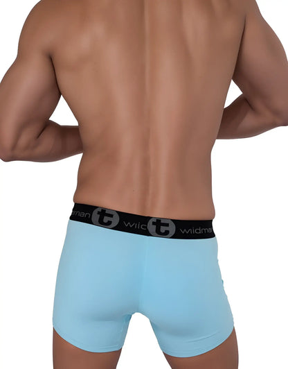 Light blue cotton wildmant boxer briefs with 5 inch inseam black waistband and circular t emblem