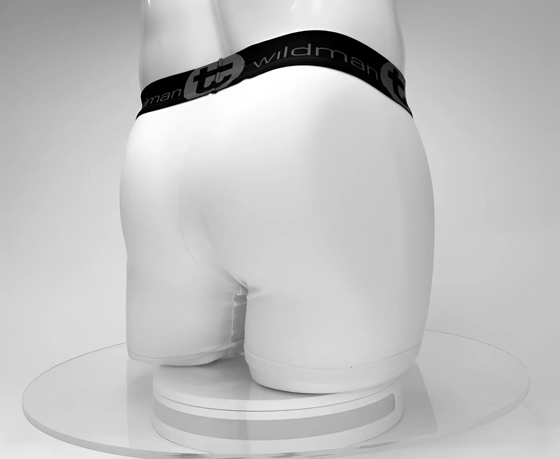 White cotton briefs with a black wildman waistband featuring the wildman brand logo and text