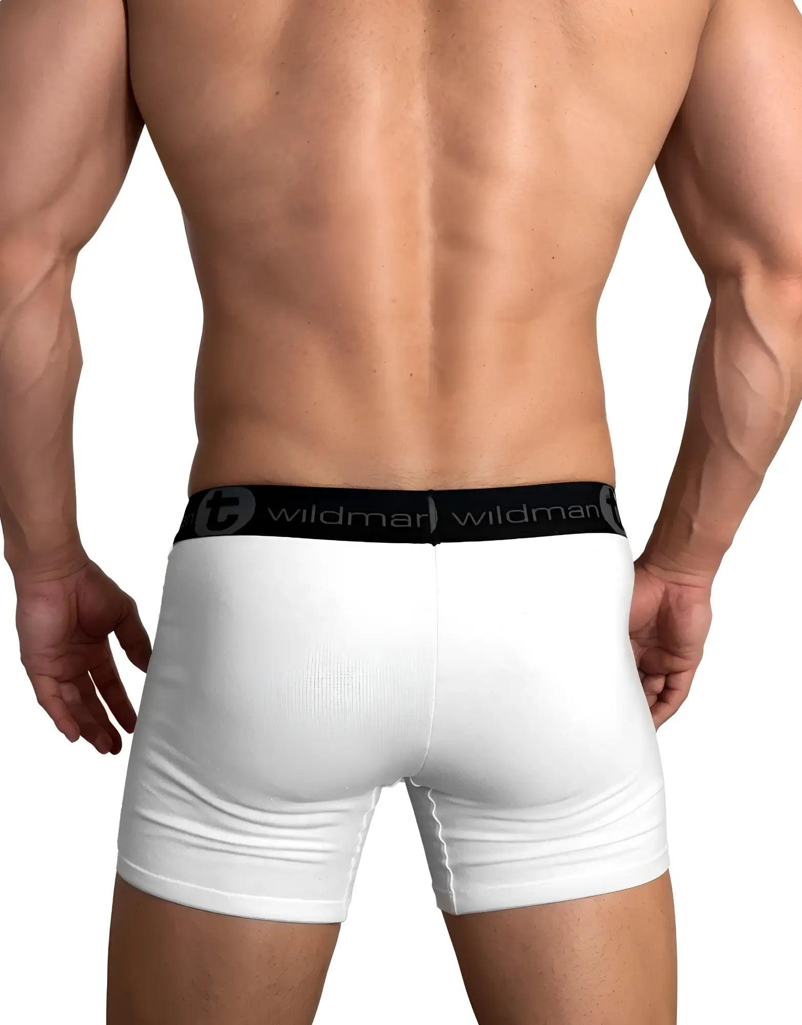 White cotton WildmanT boxer briefs with black elastic waistband and Wildman brand name in white lettering