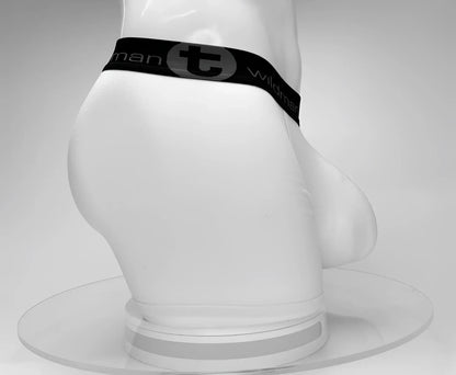Black elastic waistband with man t wildman branding and logo on white wildmant cotton monster cock 5 inch inseam boxer brief