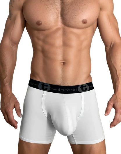 White men’s cotton boxer briefs with 5 inch inseam and black wildman waistband featuring logo emblem
