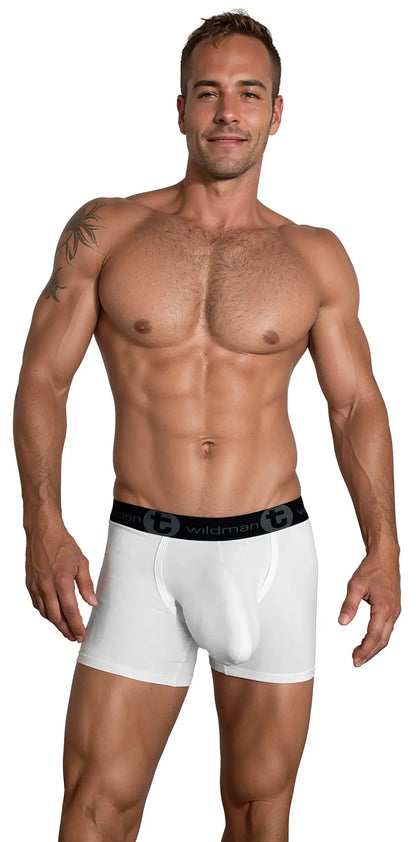White men’s cotton boxer briefs with 5 inch inseam and black wildman waistband in the wildmant cotton monster cock line