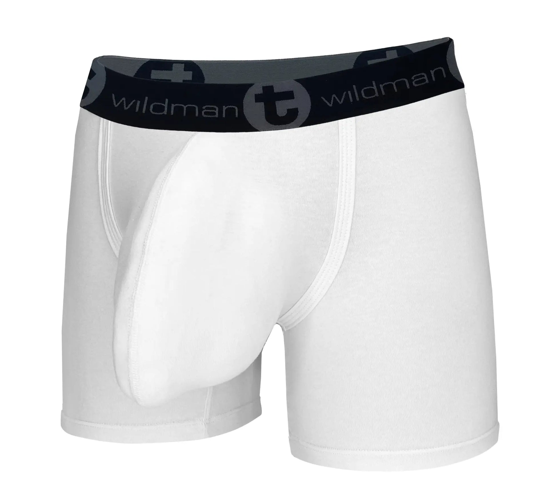 White men’s cotton boxer briefs with 5 inch inseam and black wildman waistband featuring brand logo