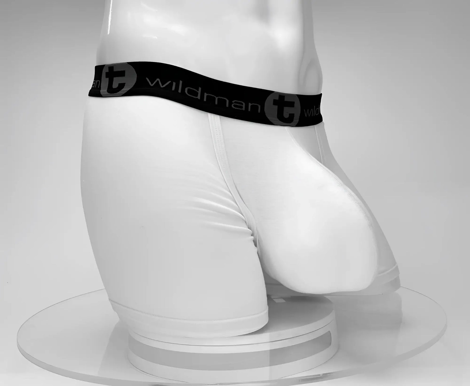 White wildmanT cotton boxer briefs with black elastic waistband featuring wildman logo and circular t emblem