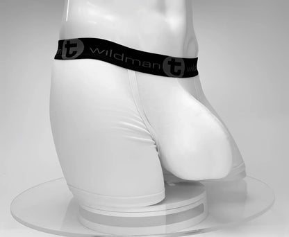 White wildmanT cotton boxer briefs with black elastic waistband featuring wildman logo and circular t emblem