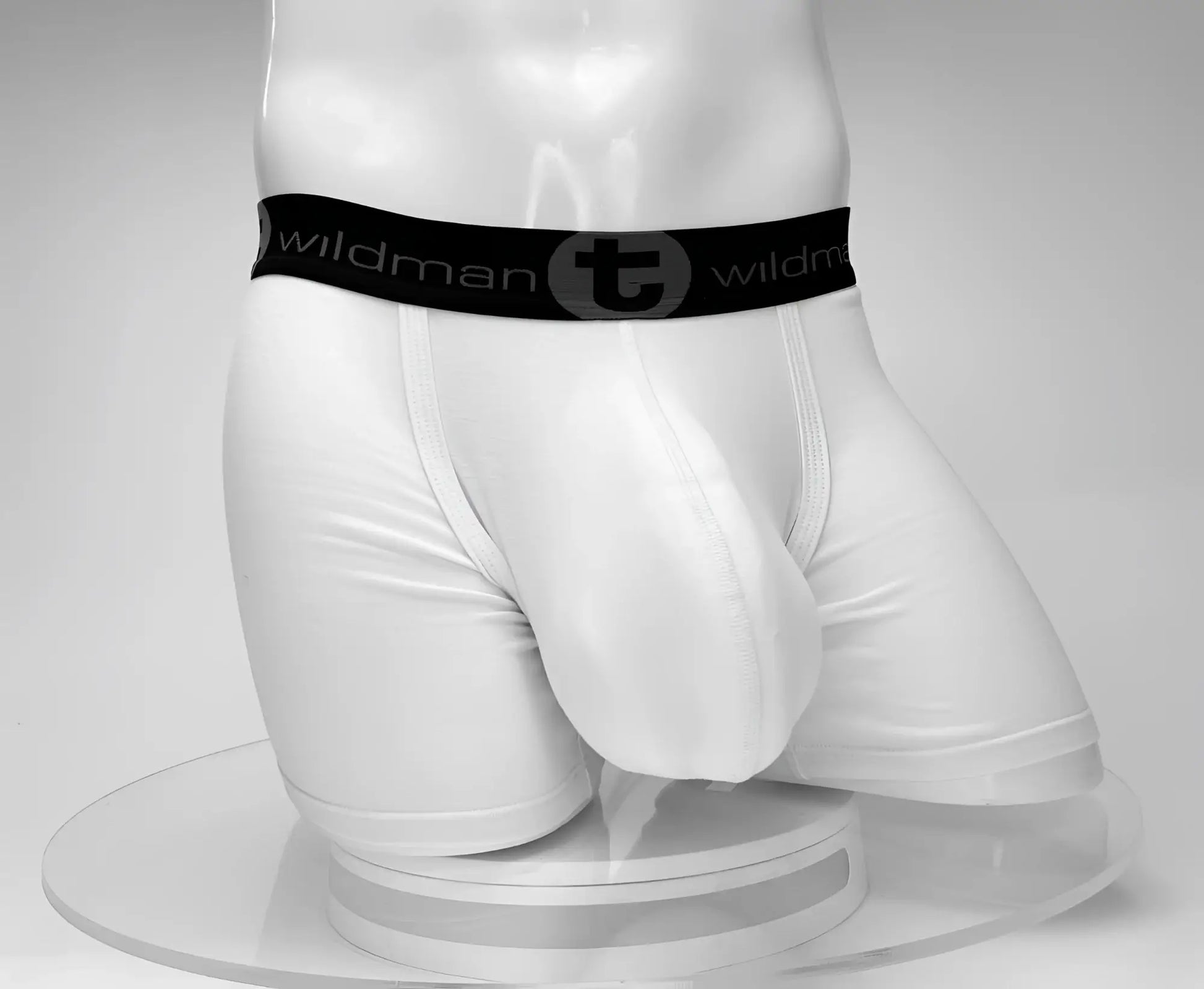 White wildman cotton boxer briefs with 5 inch inseam featuring black waistband with wildman logo