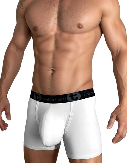 White men’s cotton boxer briefs with a 5 inch inseam and a black wildman waistband in white color