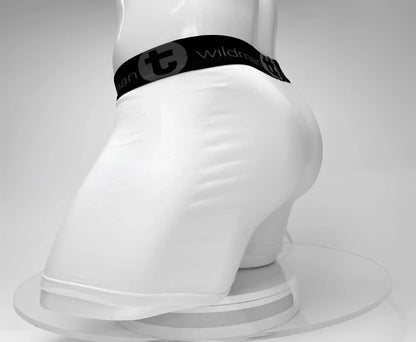 White men’s cotton boxer briefs with a 5 inch inseam and black wildman waistband featuring the logo