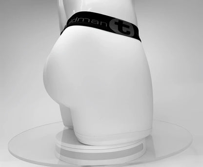 White wildmant cotton monster cock boxer briefs with black tidman waistband and 5 inch inseam
