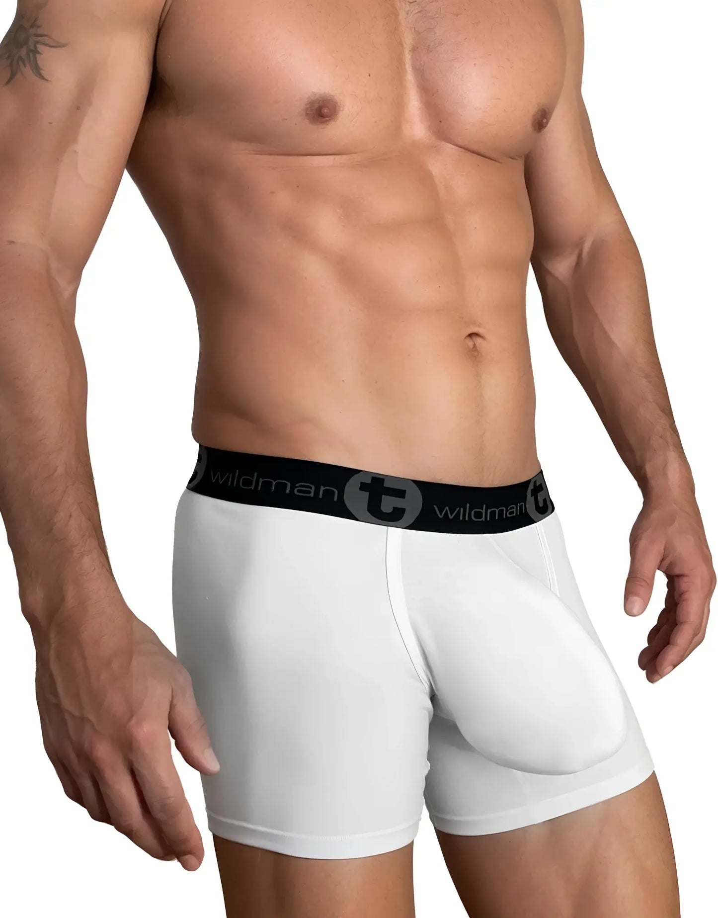 White men’s cotton boxer briefs with 5 inch inseam and black wildman waistband featuring brand logo and emblem