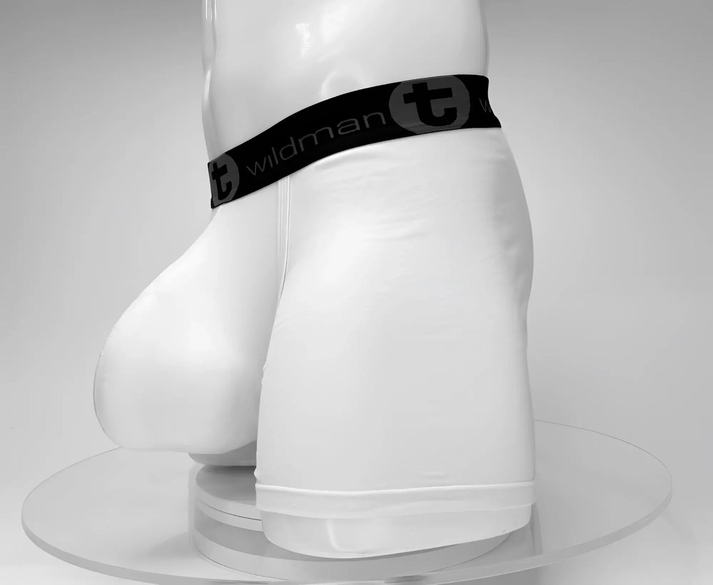 White men’s cotton boxer briefs with a 5 inch inseam and black wildman waistband logo