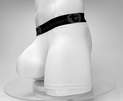 White men’s cotton boxer briefs with a 5 inch inseam and black wildman waistband logo