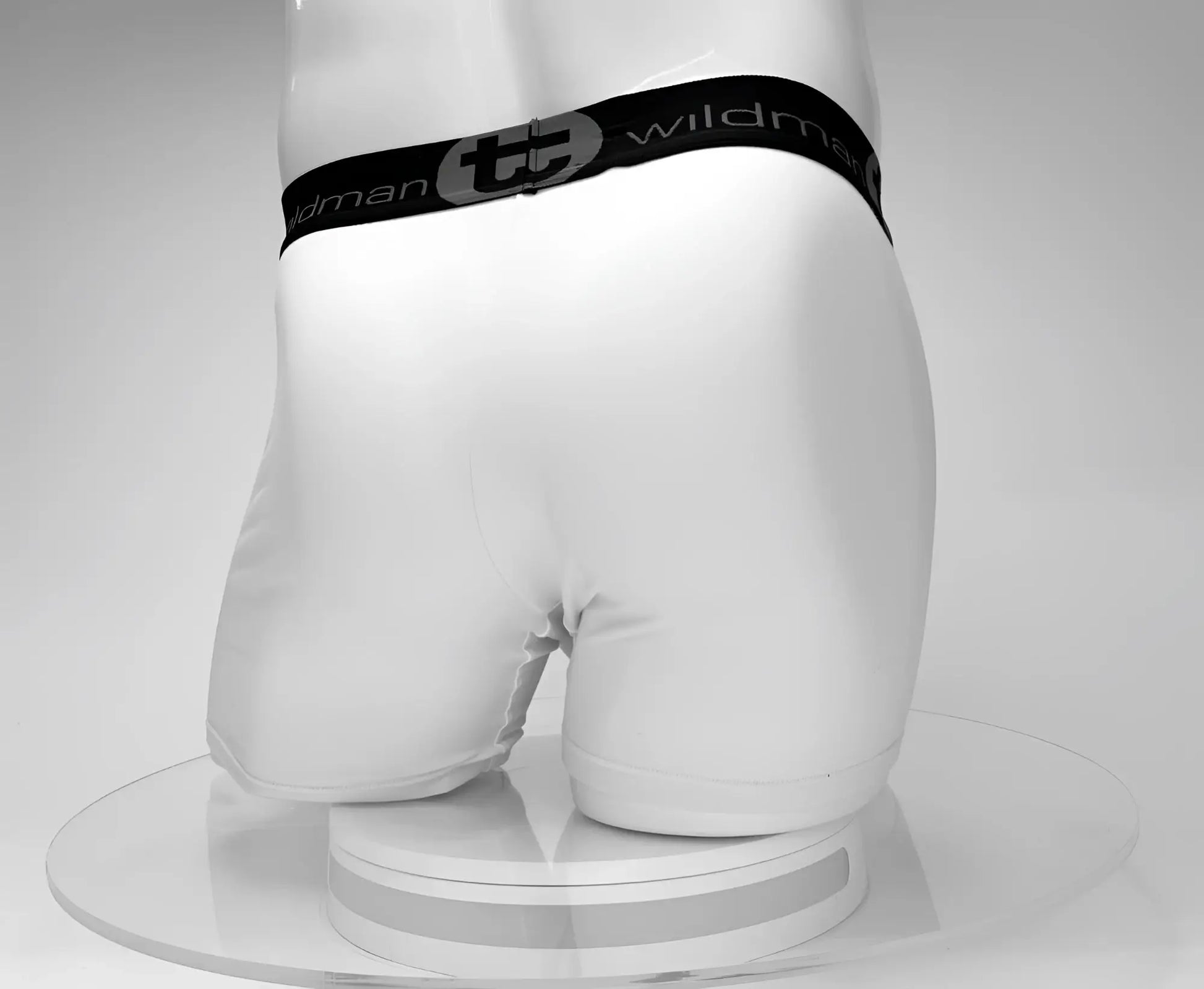 White men’s cotton boxer briefs with 5 inch inseam and black wildman elastic waistband in white color