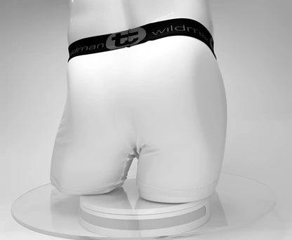 White men’s cotton boxer briefs with 5 inch inseam and black wildman elastic waistband in white color