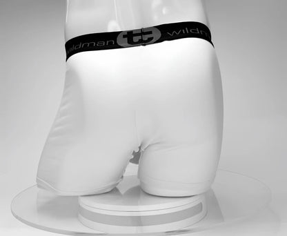 White cotton men’s briefs with black wildman waistband featuring the cotton monster cock 5 inch inseam design