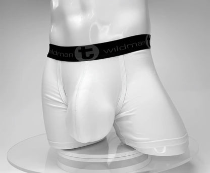 White men’s cotton boxer briefs with 5 inch inseam and black elastic waistband featuring wildman logo