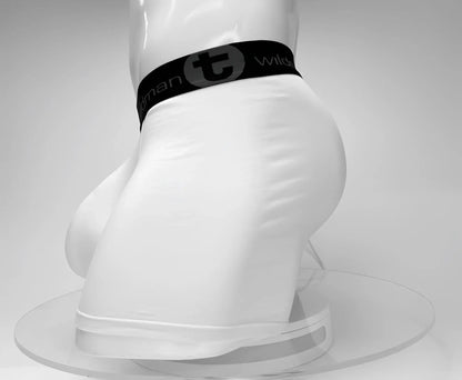 White men’s cotton boxer briefs with 5 inch inseam and black wildman waistband featuring wildman logo