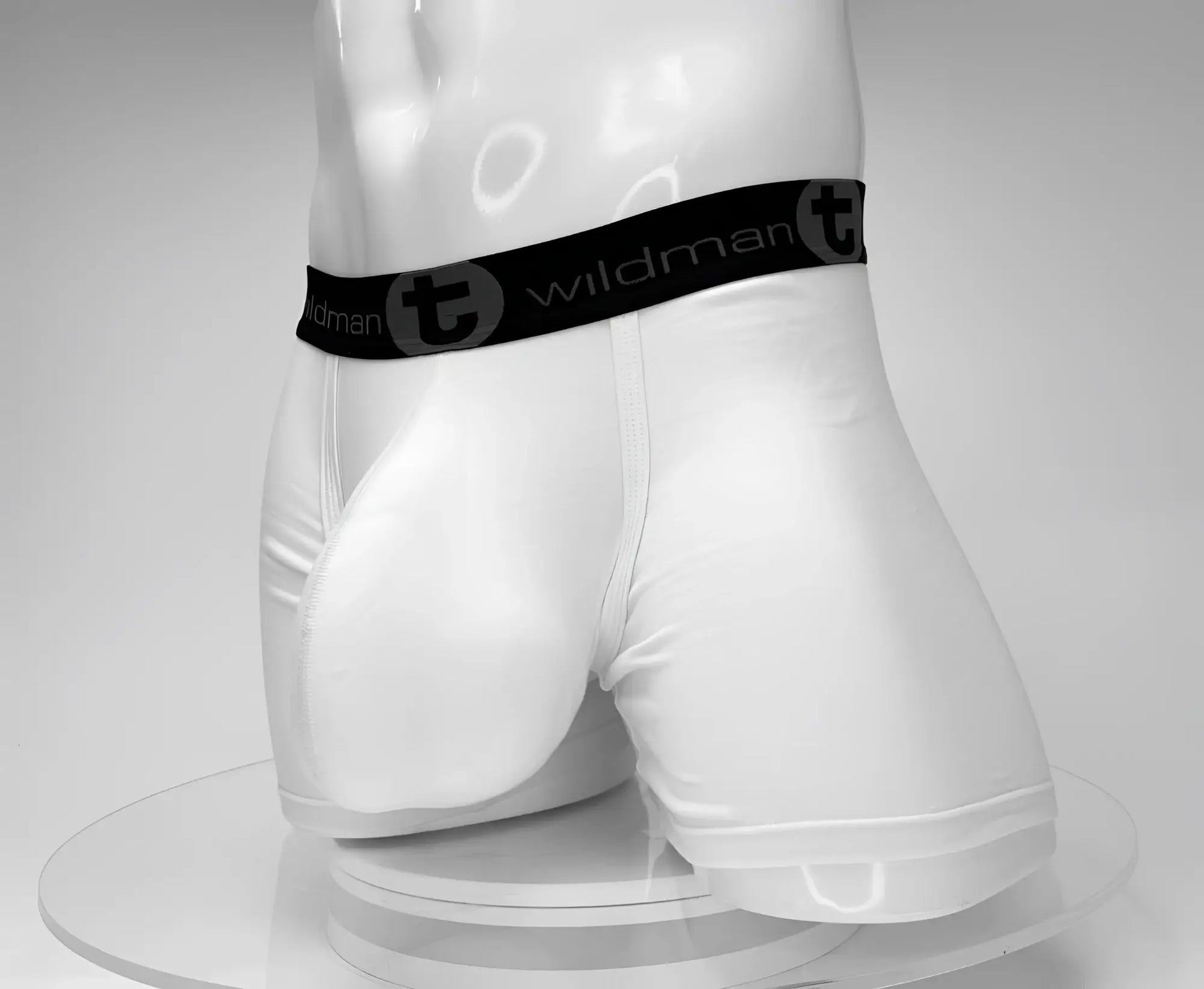 White wildmant cotton boxer briefs with black elastic waistband featuring wildman logo and circular t emblem