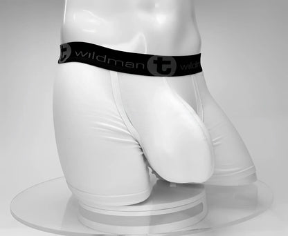 White wildman cotton monster cock boxer briefs with 5 inch inseam black elastic waistband and wildman logo