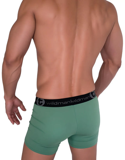 Green cotton briefs with 5 inch inseam and black waistband featuring wildman brand name in white lettering