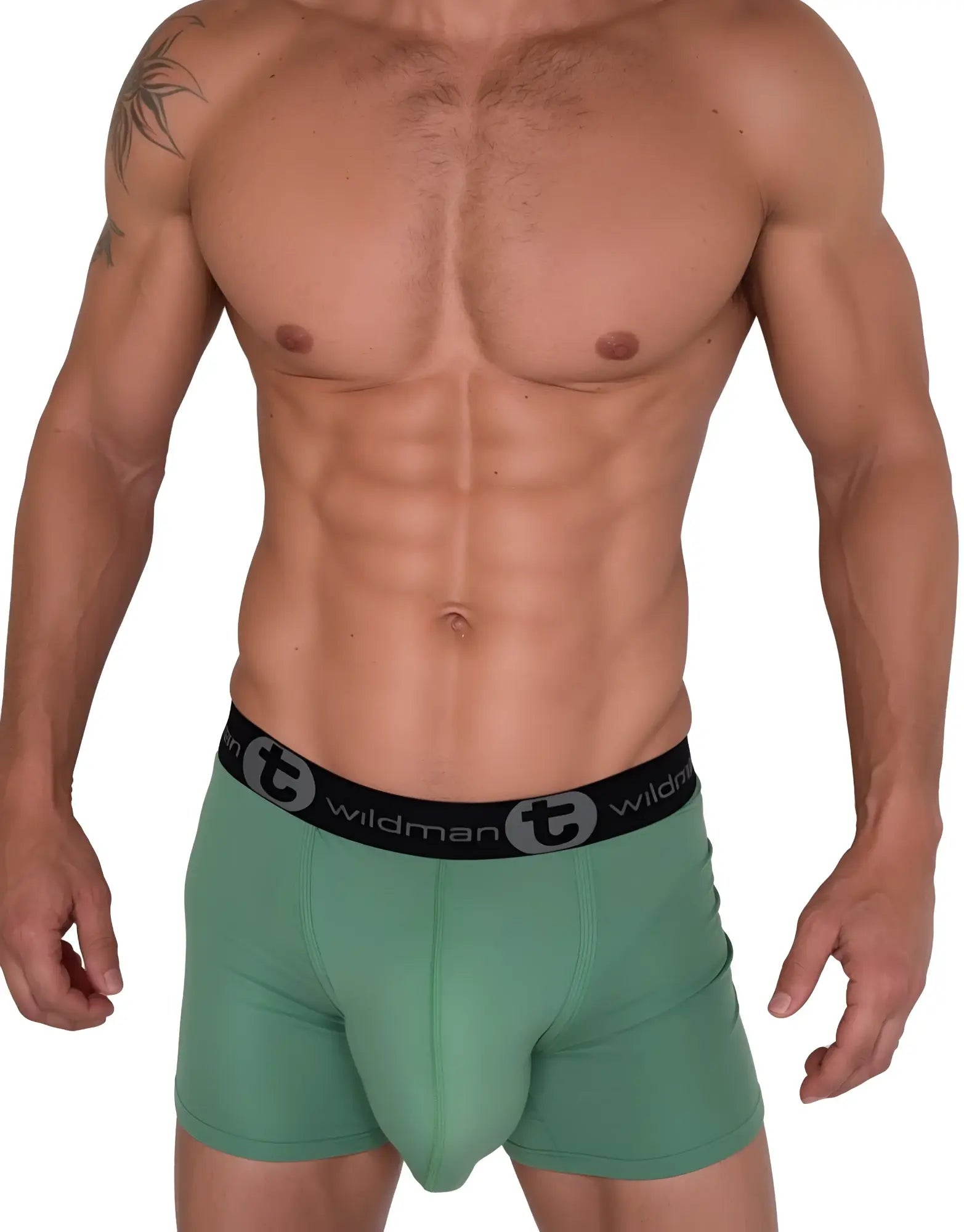 Green men’s cotton boxer briefs with five inch inseam and wildman logo on black waistband wildmant cotton monster cock 5 inseam boxer green