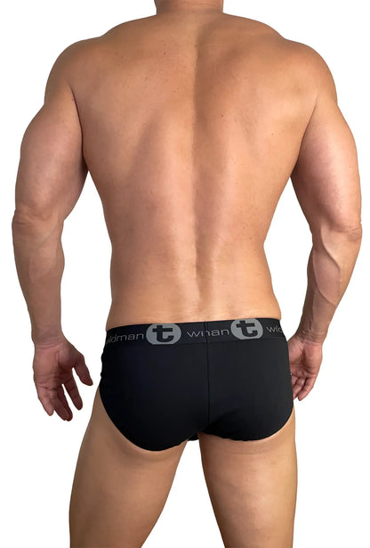 Black cotton wildmant briefs with gray elastic waistband featuring twinman logo and monster cock design