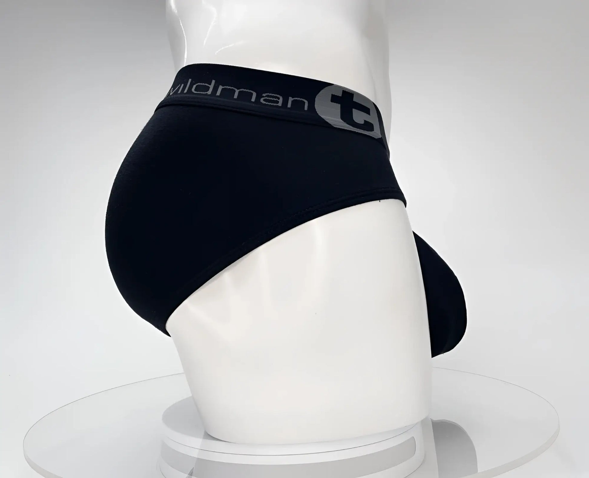 Black cotton wildmant cotton monster cock brief with gray elastic waistband and wildman logo emblem