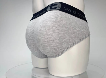 Gray heathered cotton briefs with a black wildman elastic waistband branded wildmant cotton monster cock brief black and gray