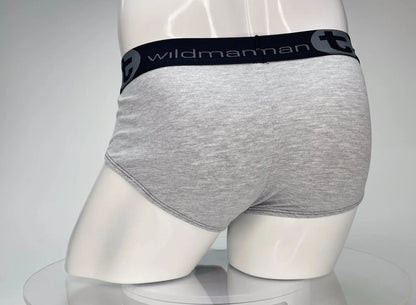Gray heathered cotton briefs with black elastic waistband featuring wildmanman logo wildmant cotton monster cock brief black and gray