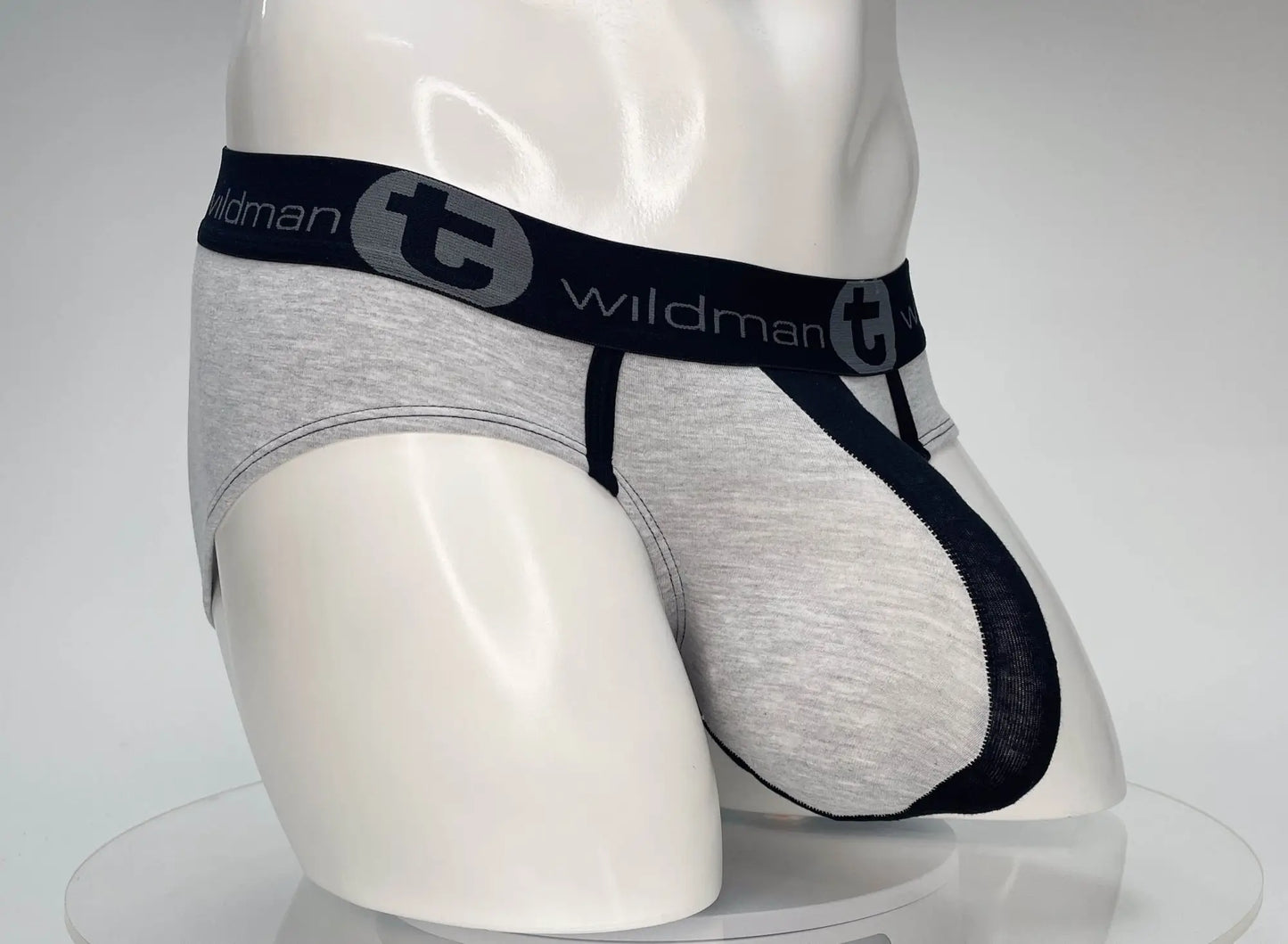 Gray heathered cotton briefs with black elastic waistband and side panels featuring white wildman logo