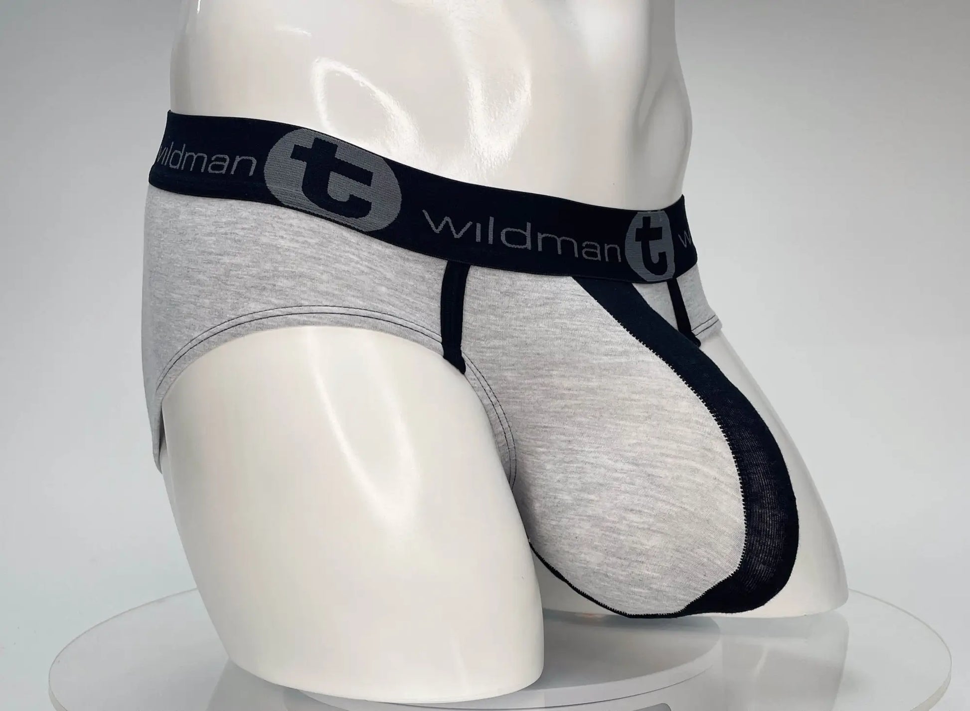 Gray heathered cotton briefs with black elastic waistband and side panels featuring white wildman logo