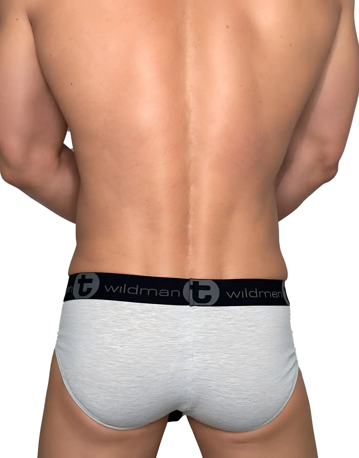 Gray heathered cotton briefs with black elastic waistband featuring wildman logo and brand emblem front view