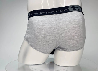 Gray heathered cotton briefs with a black elastic waistband featuring the wildmanman logo for men by wildmant