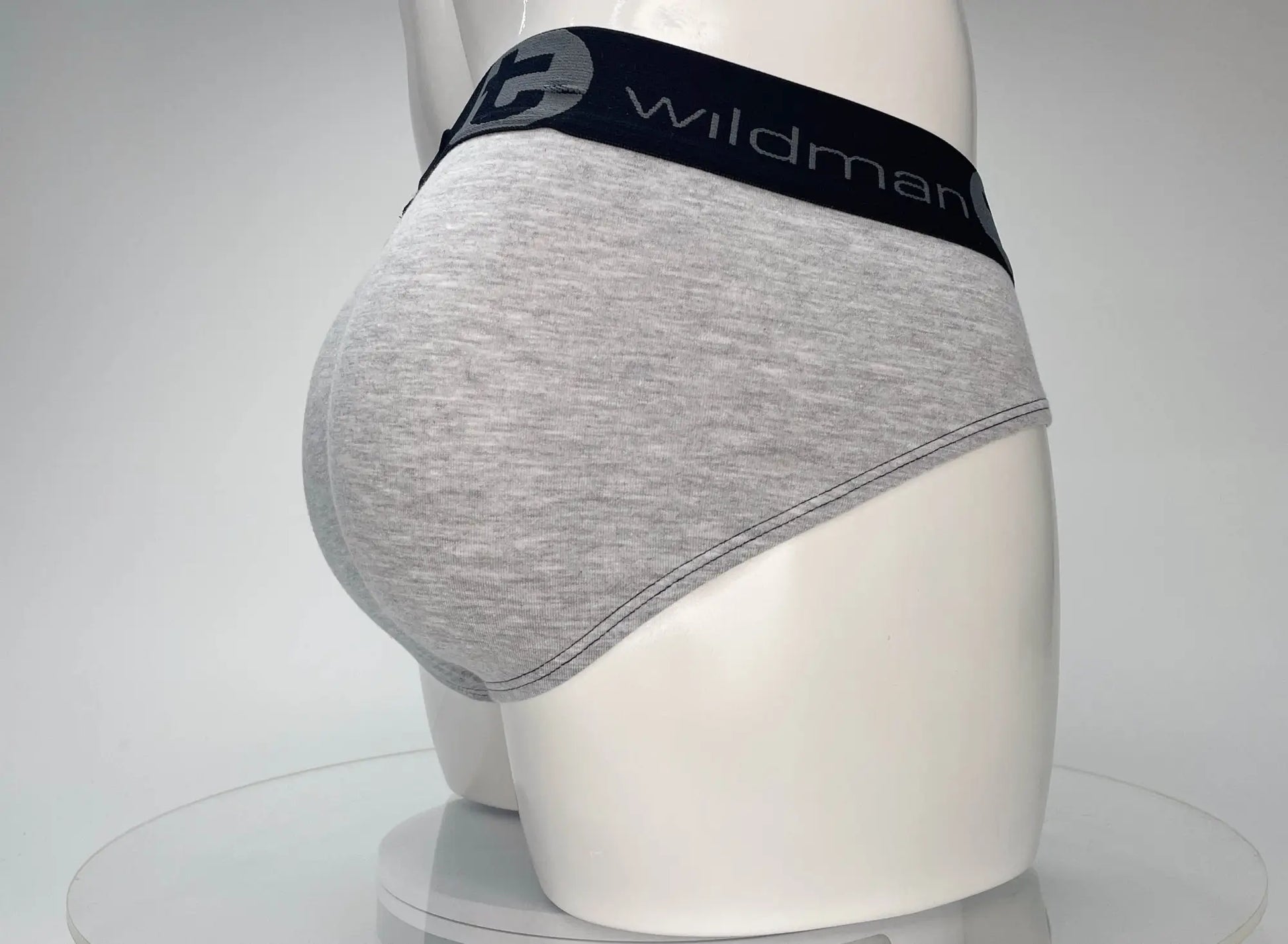 Gray heathered cotton briefs with black elastic waistband featuring wildman brand name in white lettering