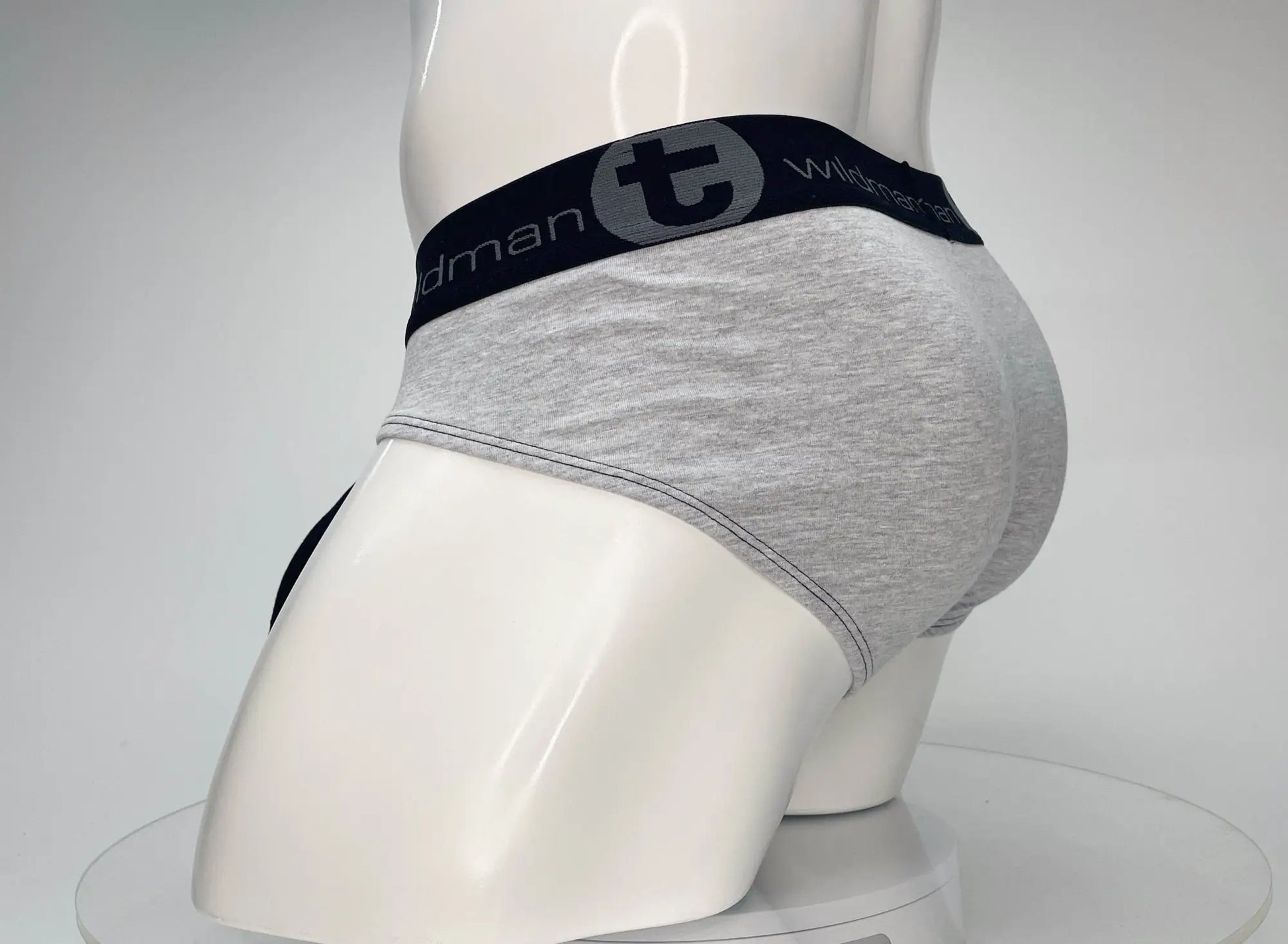Gray heathered cotton briefs with a black elastic waistband featuring the t logo and wildman branding