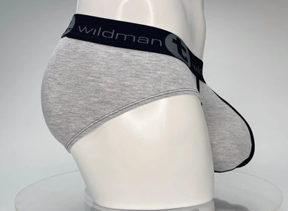 Gray heathered wildman cotton monster cock brief with black elastic waistband featuring wildman logo and brand name
