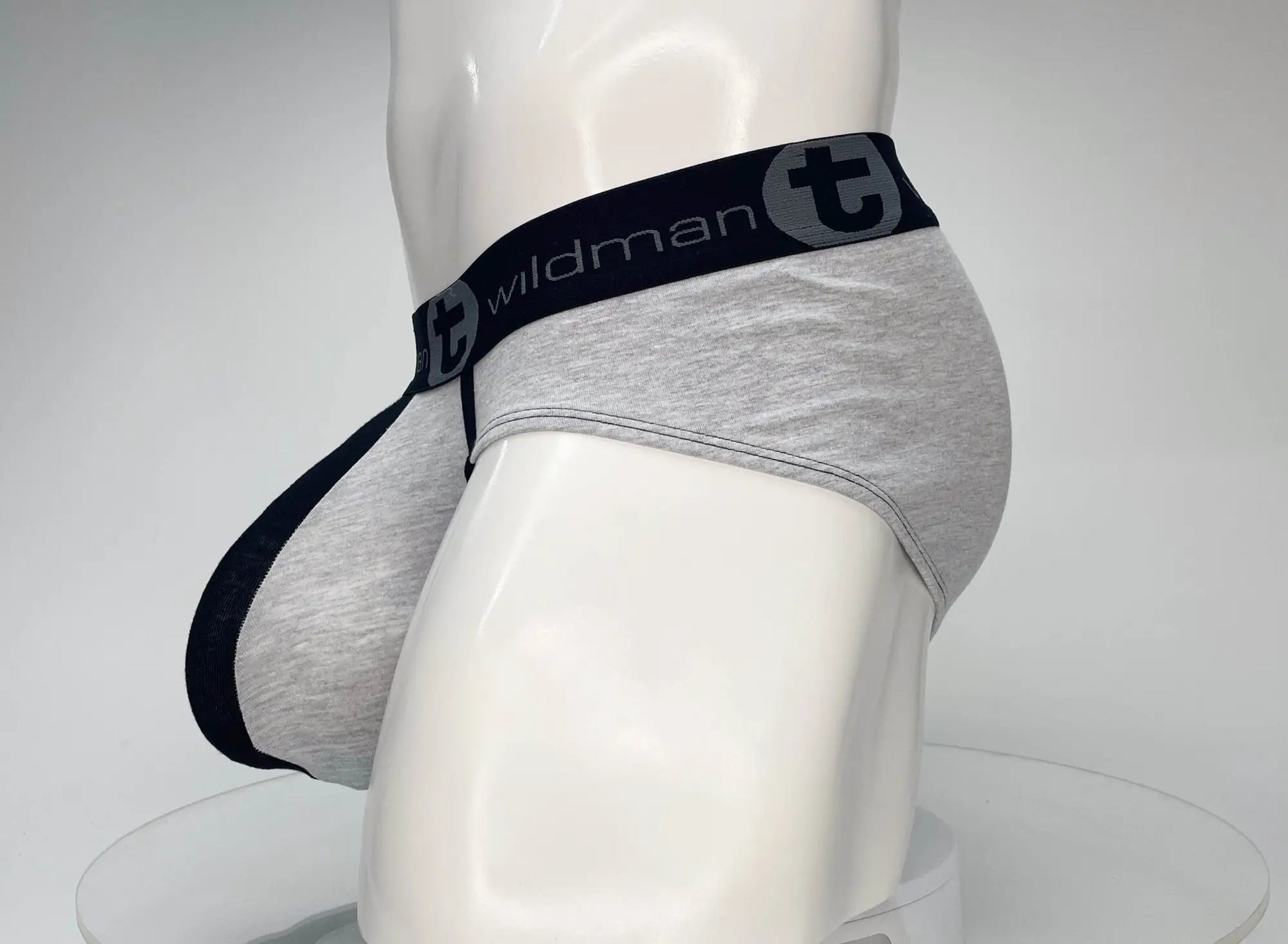 Gray heathered cotton briefs with black elastic waistband featuring wildman brand logo and circular t emblem