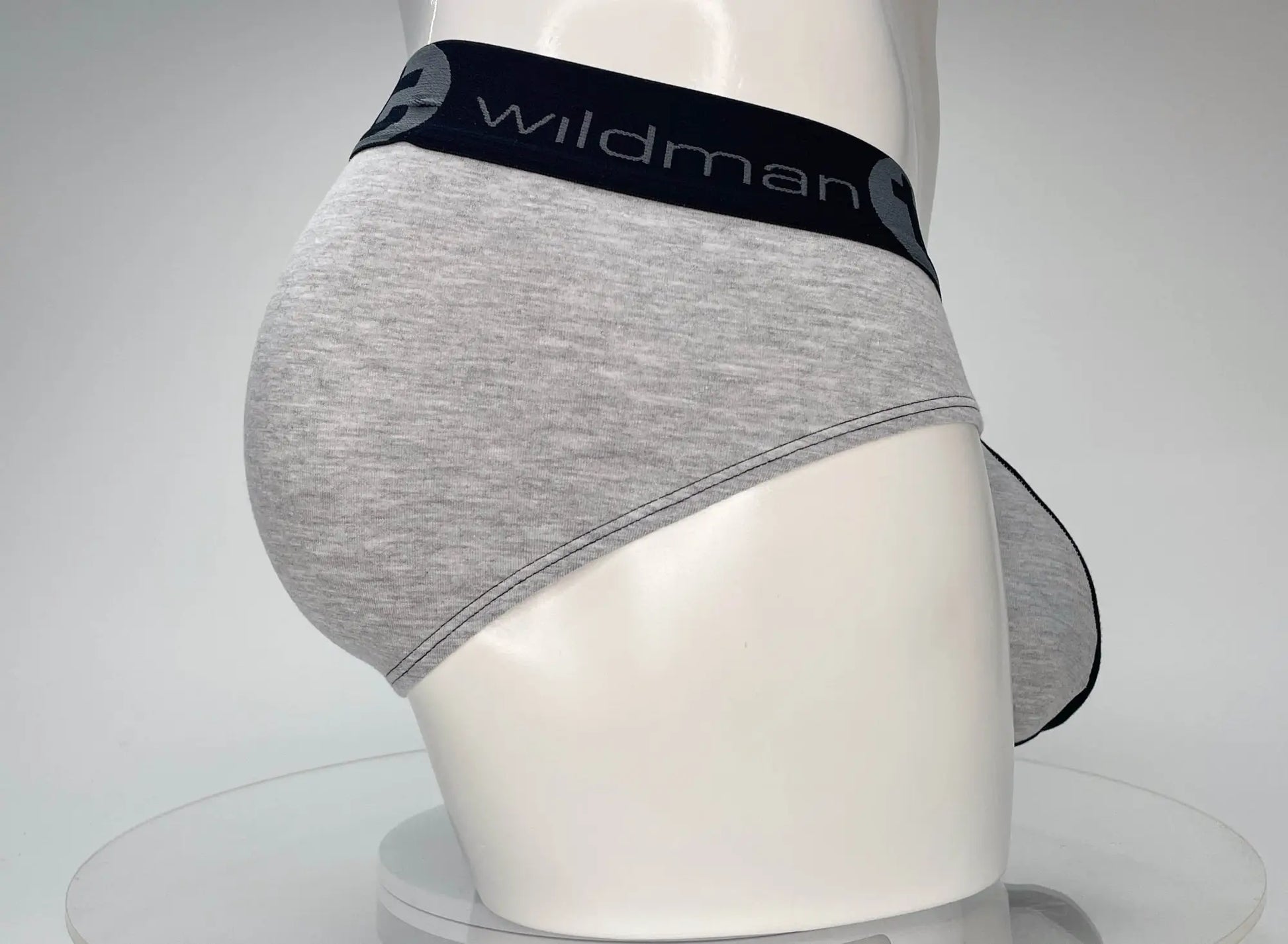 Gray heathered cotton briefs with black elastic waistband featuring wildman brand name in white lettering