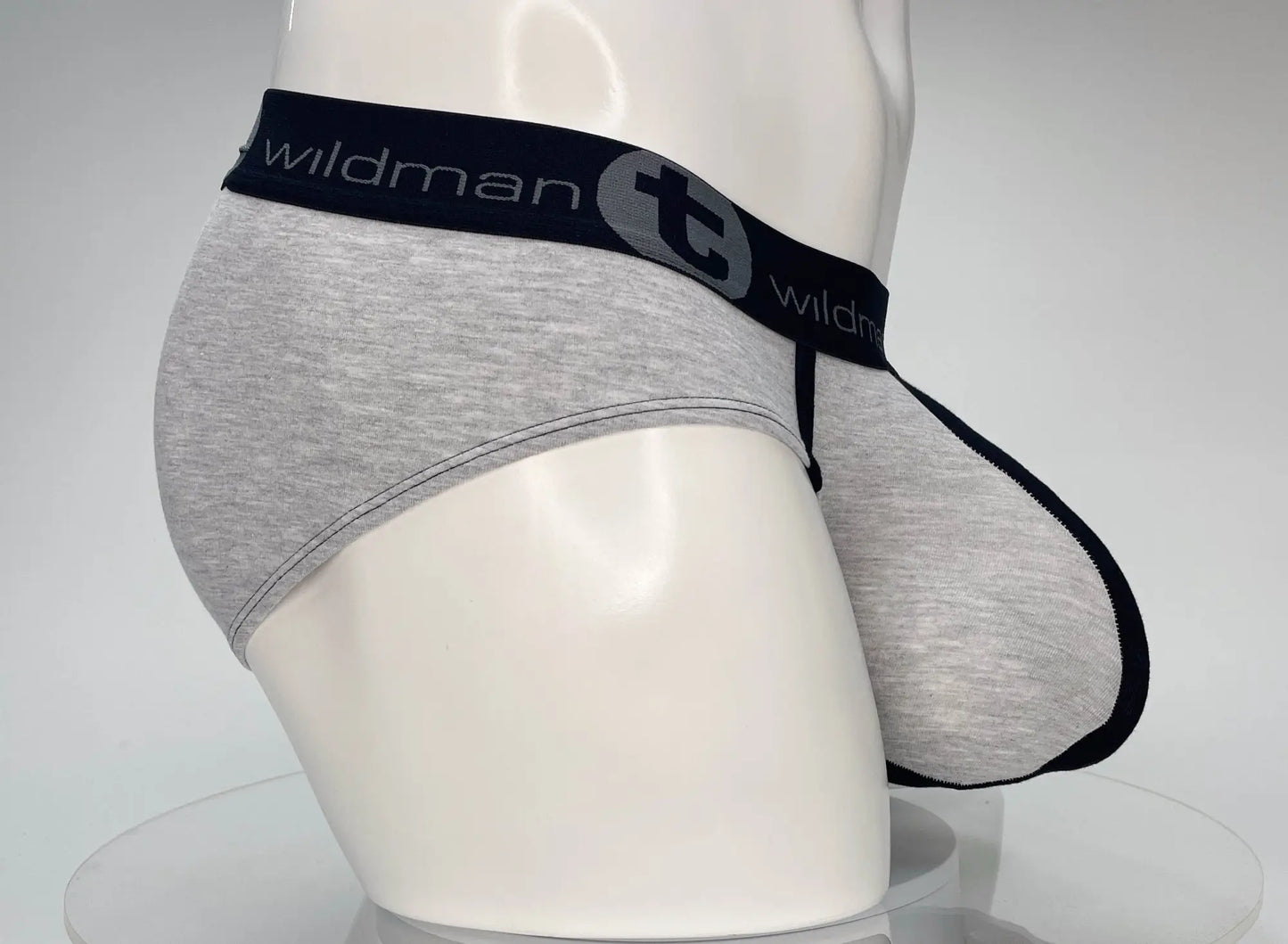 Gray heathered WildmanT cotton brief with black waistband and distinctive monster cock pouch design
