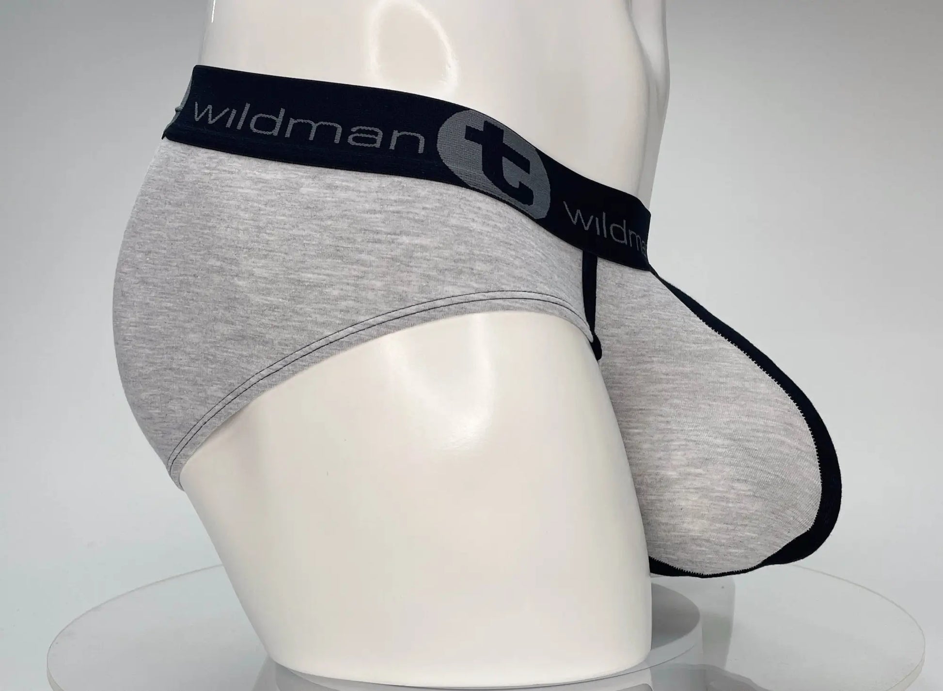 Gray heathered WildmanT cotton brief with black waistband and distinctive monster cock pouch design
