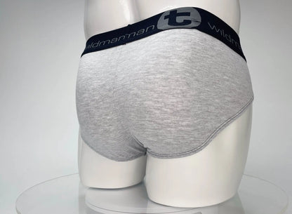 Gray heathered cotton briefs with navy elastic waistband featuring wildman logo from wildmant cotton monster cock brief series
