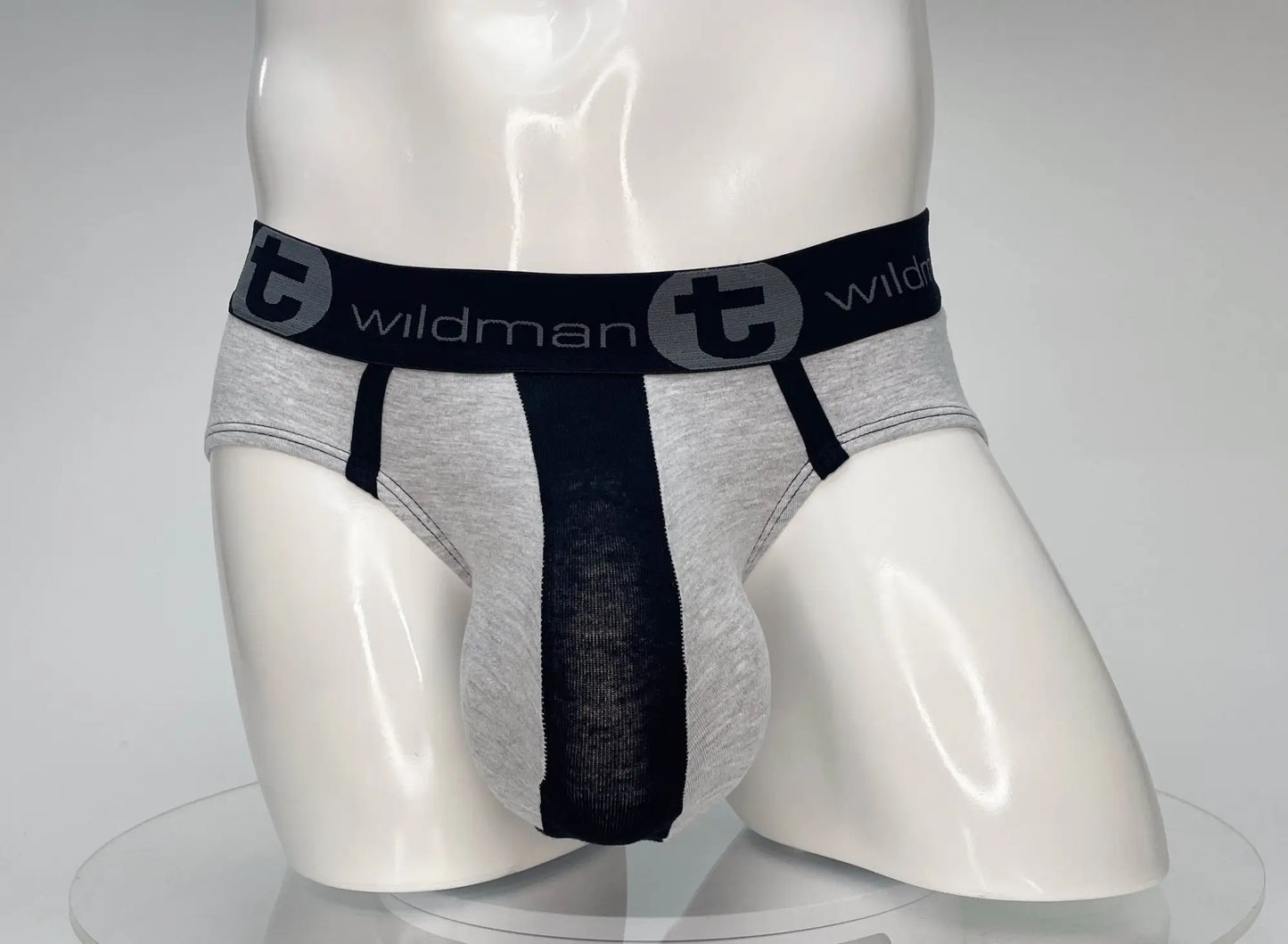 Gray and black wildman brief with central black panel made from cotton designed for comfort and support
