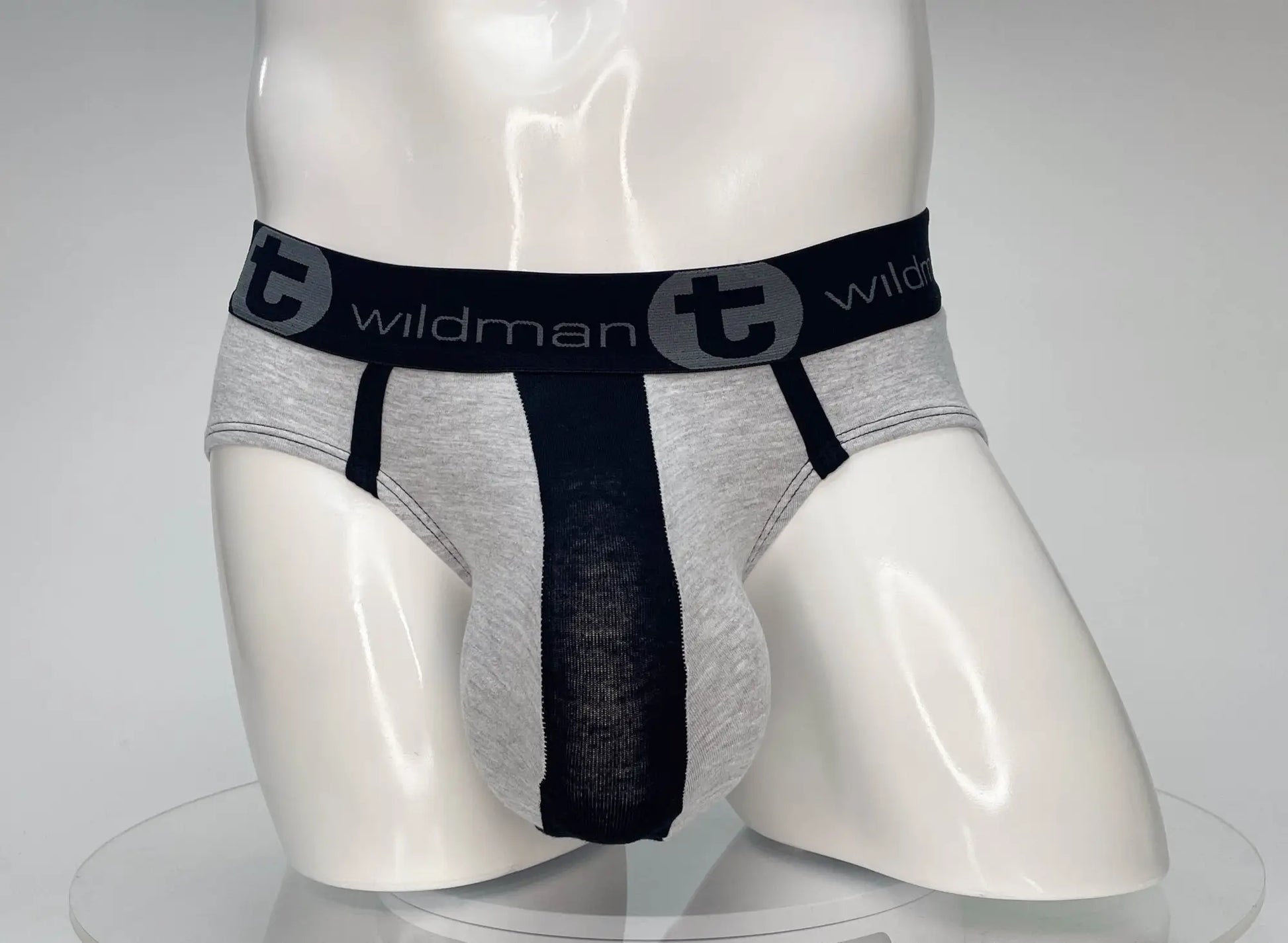 Gray and black wildman brief with central black panel made from cotton designed for comfort and support